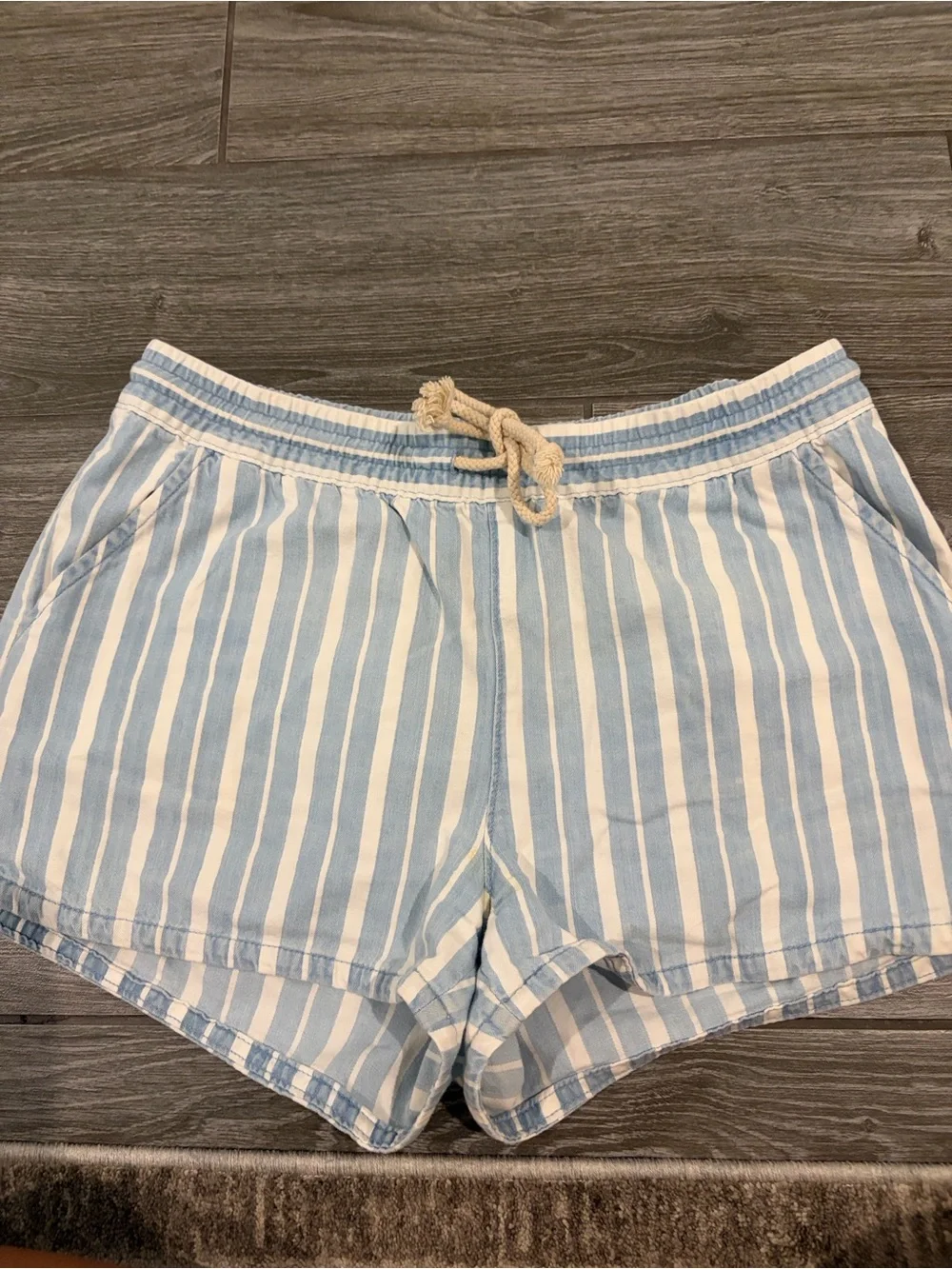 aerie Light Blue & White Striped Drawstring Bermuda Shorts